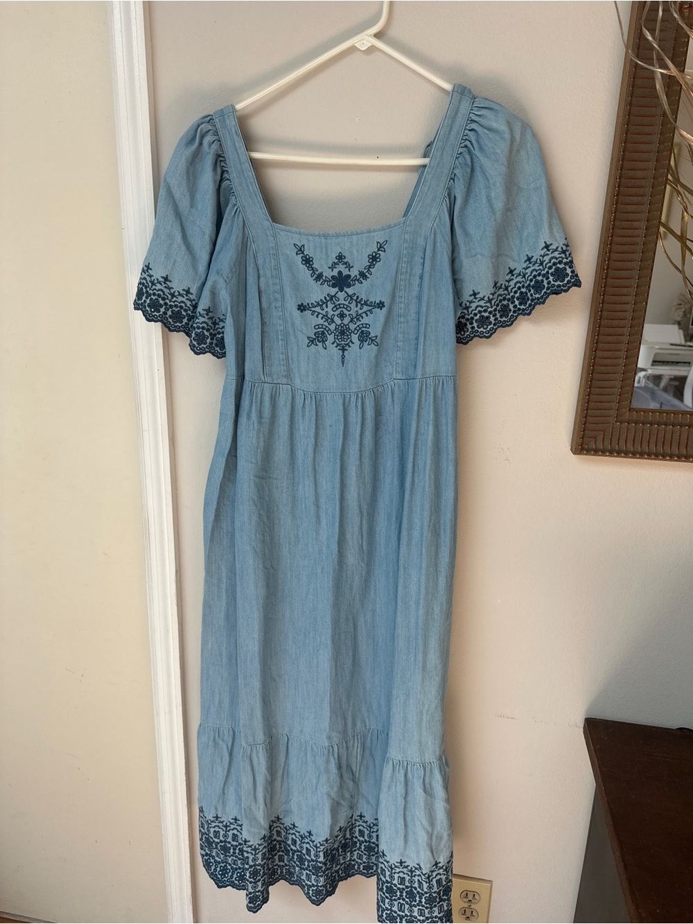 Old Navy Light Blue Midi Dress with Navy Embroidery